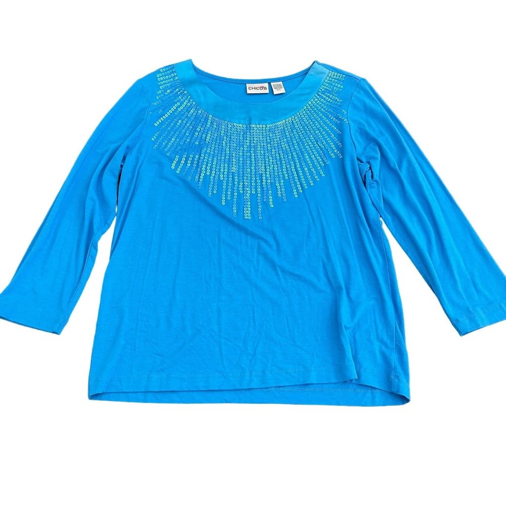 Chico's Women's Teal Sequin LS Top Blouse, Size 1 (US S)